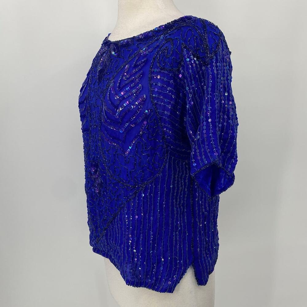 Vintage 80s Beaded Silk Top Short Sleeve Boatneck Pullover Sequins Blue Womens L - Picture 5 of 10